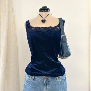 Vintage Y2K Womens Blue Velvet Lace Tank Top Medium Whimsigoth Fairy Grunge Cami